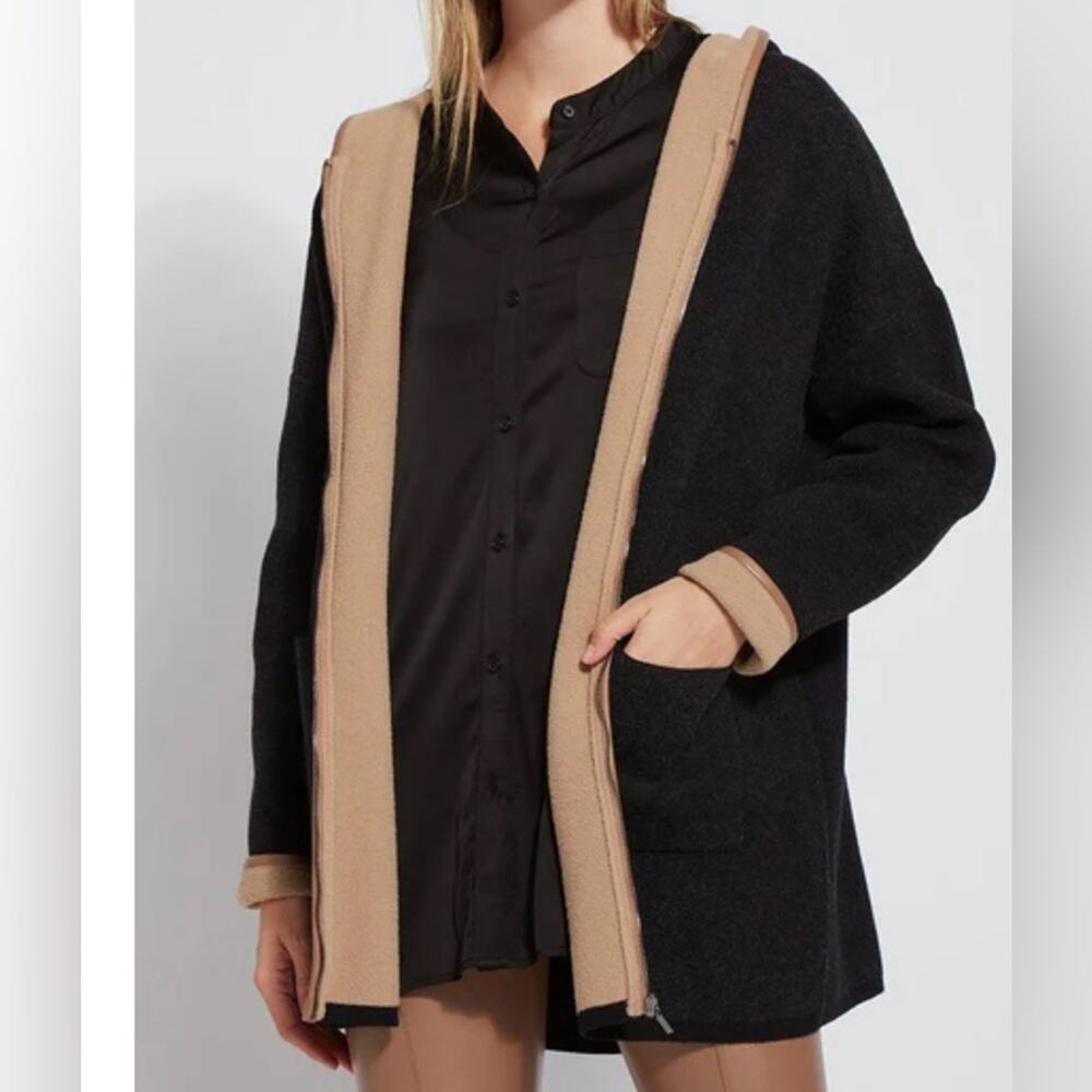 Lysse Hearth Cardigan Black Cable & Toffee Faux Leather size L / XL